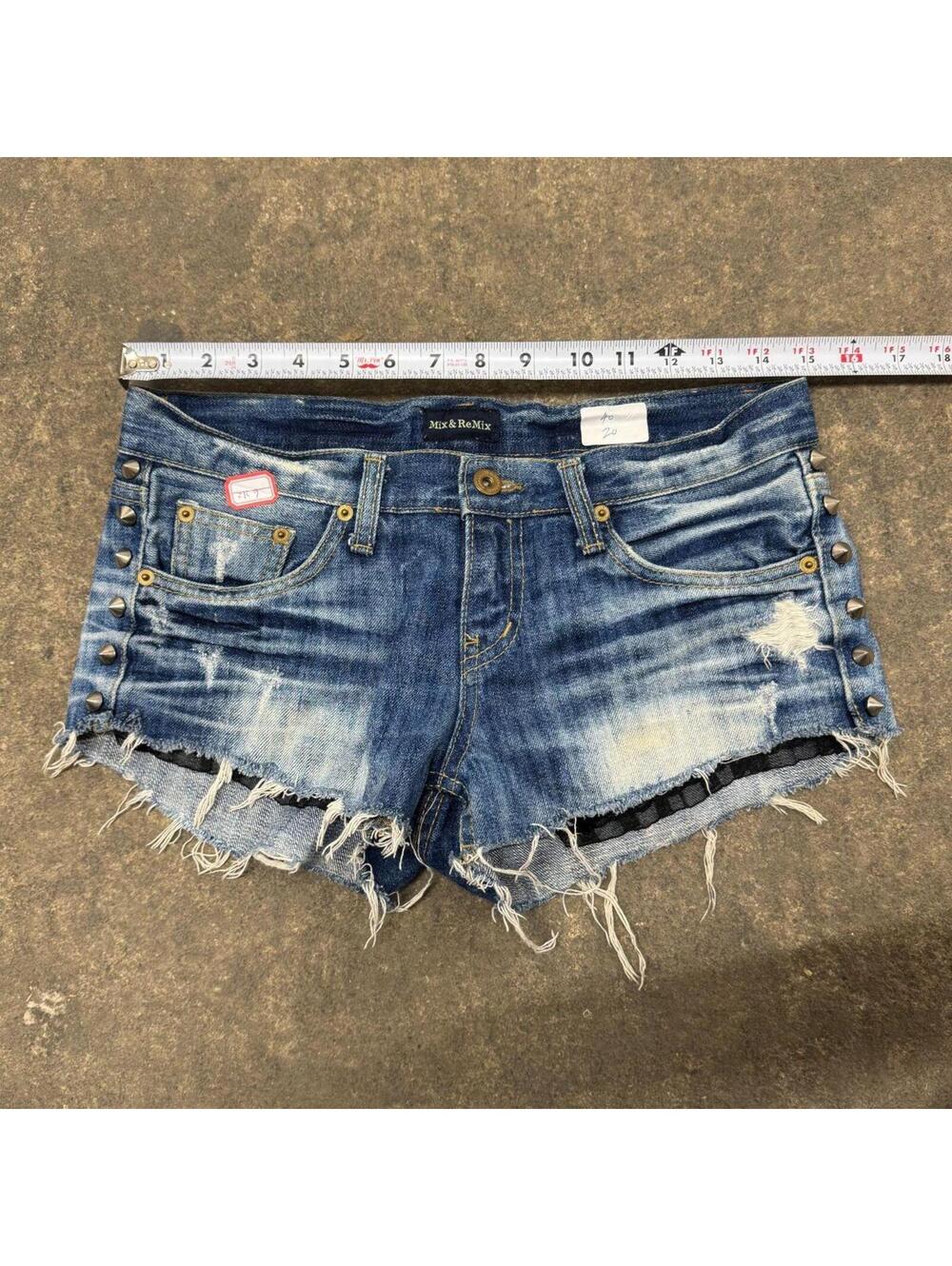 Vintage Y2K Low Rise Denim Micro Shorts Faded Spiked - Picture 6 of 8